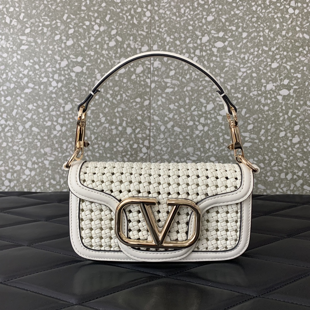 Valentino Garavani Loco Small Shoulder Bag in Ivory Metallic Woven Leather